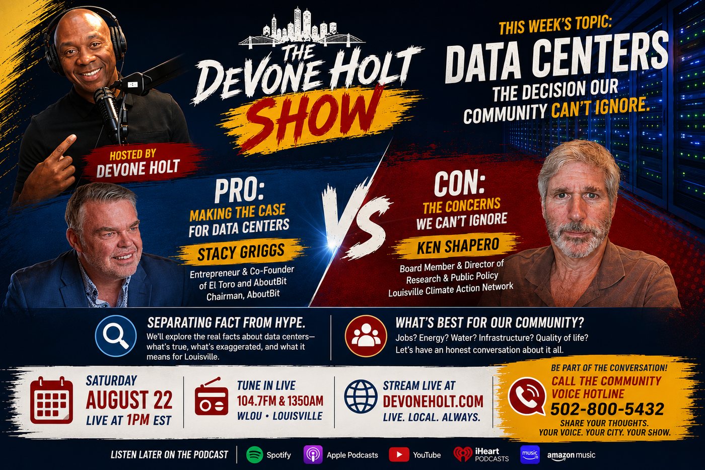 This week on The DeVone Holt Show: Data Centers, the decision our community can't ignore. Stacy Griggs pro, Ken Shapero con. Saturday August 22, live at 1PM ET.